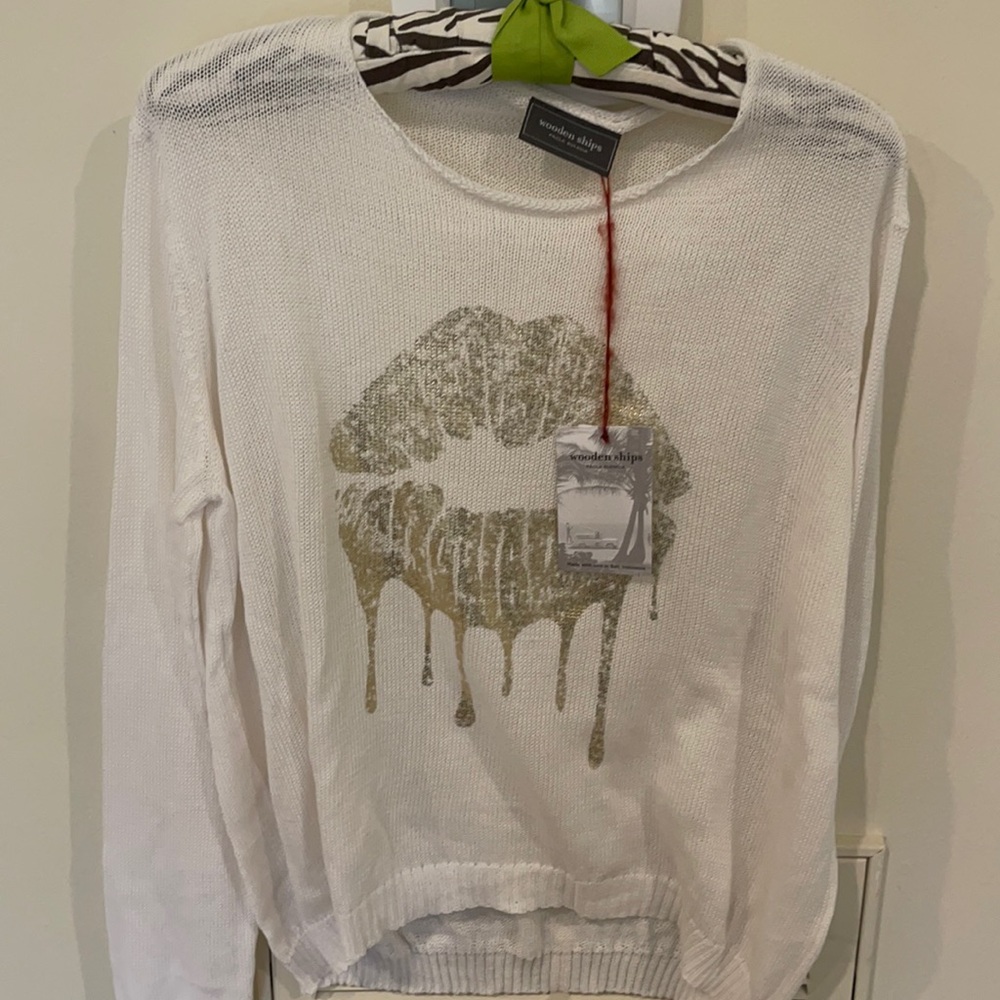 Wooden Ships White cotton sweater with gold lips